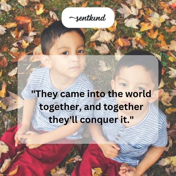 Two young children stand side-by-side, holding hands and looking forward with determination.