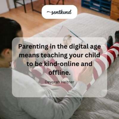 A parent and child sit side-by-side, looking at a tablet screen together and having a serious discussion about online interactions.