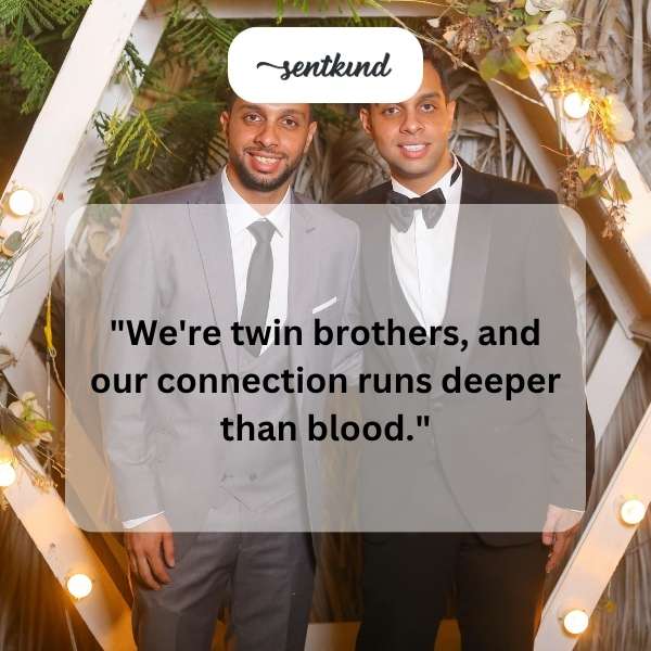 Twin brothers stand side-by-side, mirroring each other's pose.