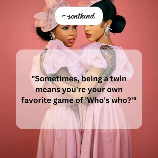 Identical twins standing back to back, creating a playful mirror image.