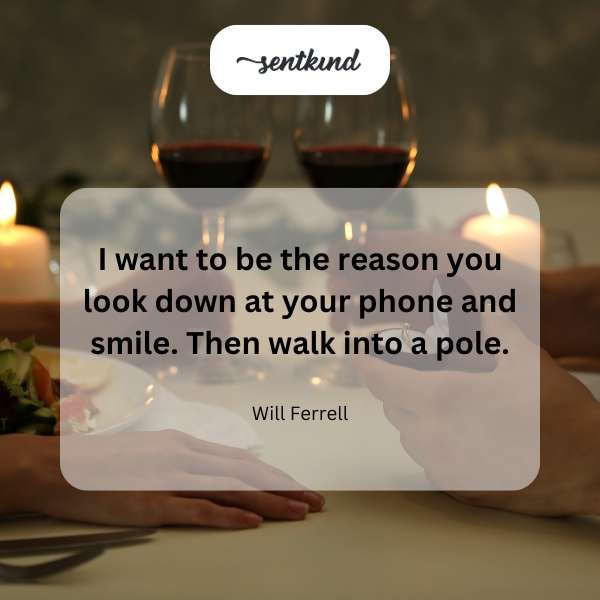 A person is smiling while looking at their phone, seemingly about to walk into a pole.