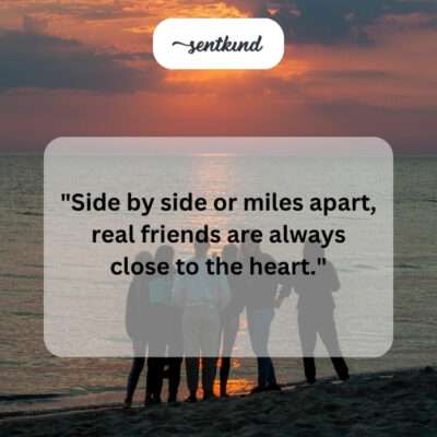A diverse group of smiling friends stands together on a scenic hilltop overlooking a vibrant landscape at sunset, representing cherished people, places, and memories.