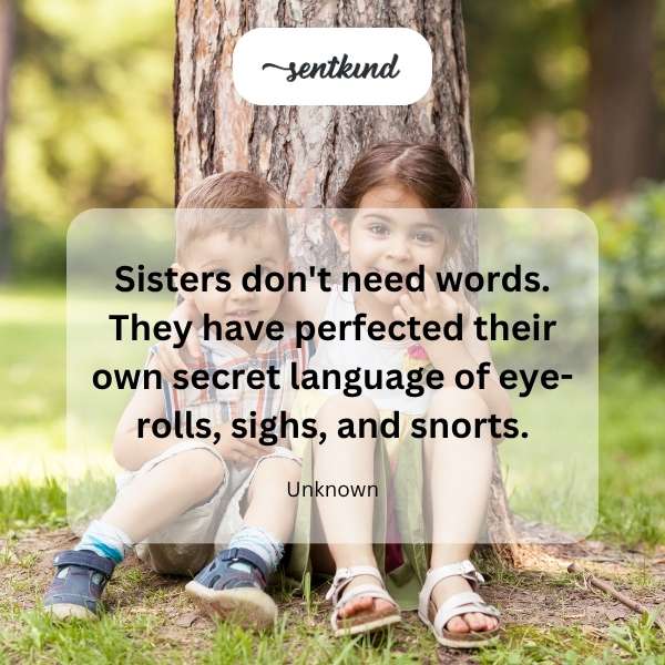 Two sisters communicate with each other through expressive facial gestures and subtle non-verbal cues.