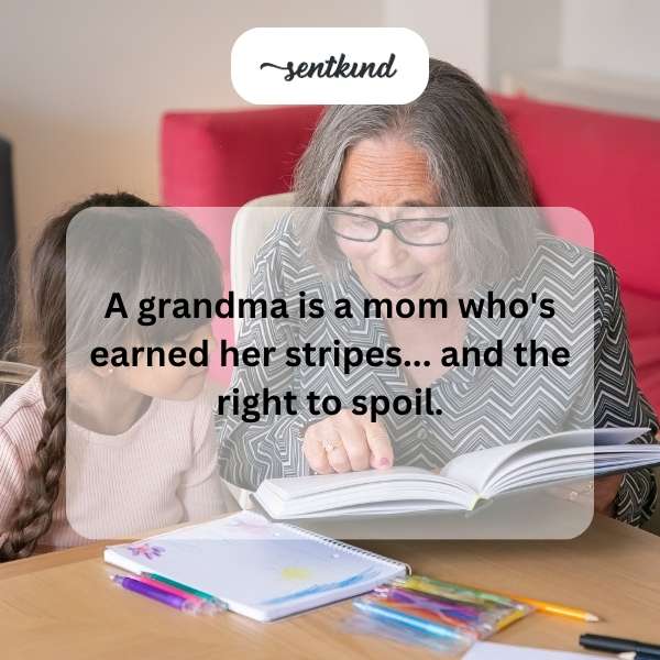 A smiling grandmother secretly gives a large piece of cake to her happy grandchild behind their parent's back.