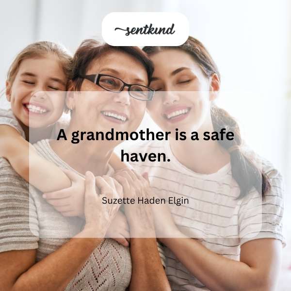 A grandmother gently hugs her grandchild on a porch swing, both smiling in a warm setting.