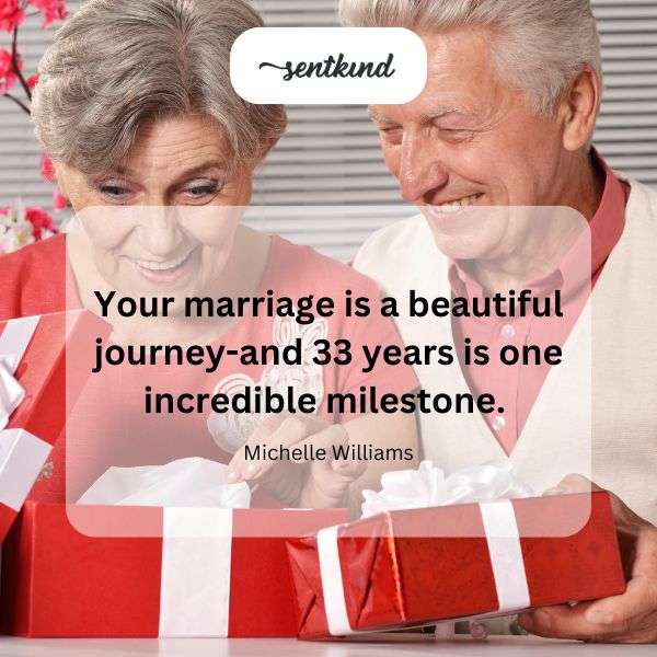 A couple smiles warmly while celebrating their 33rd wedding anniversary.
