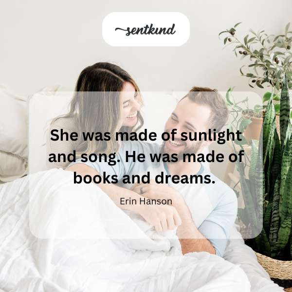 A radiant woman made of light dances with a contemplative man surrounded by books.