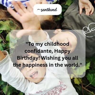 A split image showing childhood photos on one side and recent adult photos of friends celebrating together on the other side.