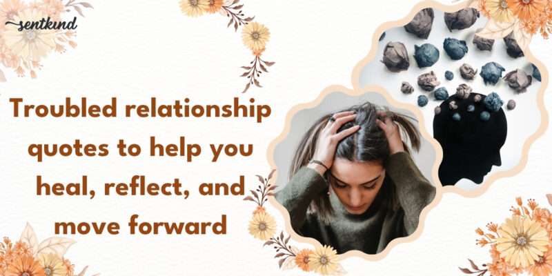 Woman in distress and symbolic head with crumpled thoughts, expressing troubled relationships and healing.