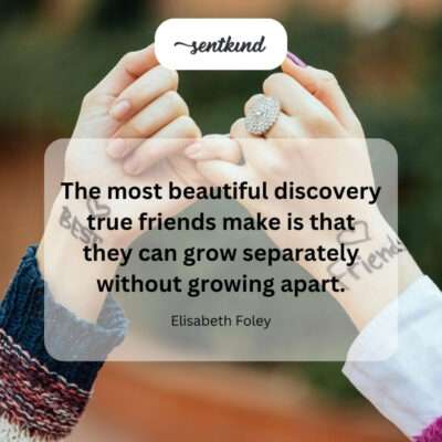 Two friends stand on separate paths leading away from each other but look back with smiles and linked hands, symbolizing enduring connection despite different directions.