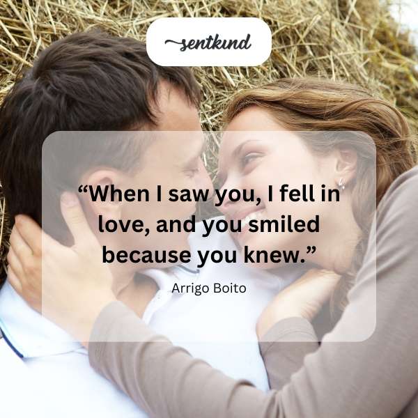 A couple gazes lovingly at each other, sharing a knowing smile.