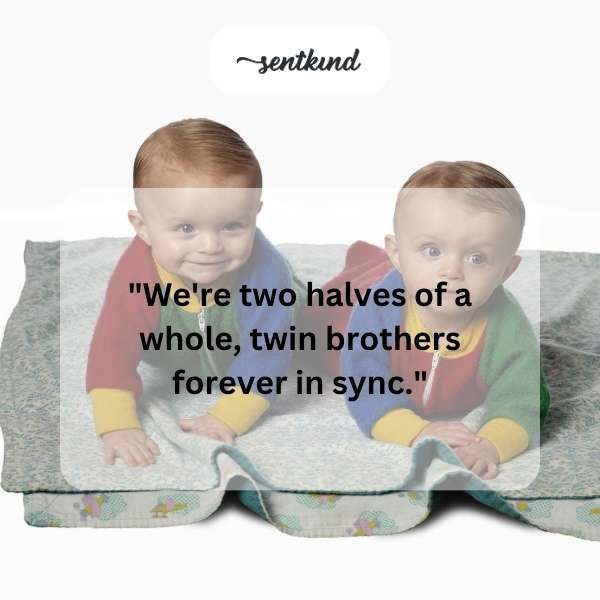 Two identical twin brothers standing side-by-side, appearing connected.