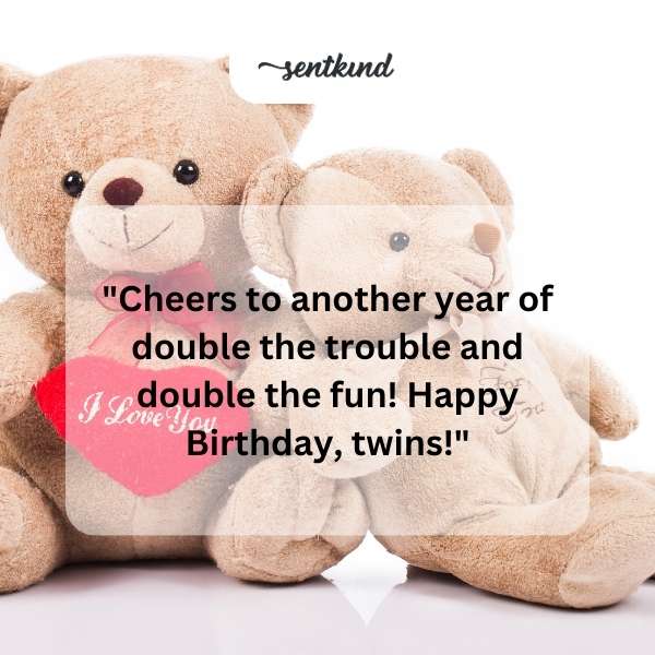 Two children, presumably twins, are celebrating their birthday with balloons and cake.