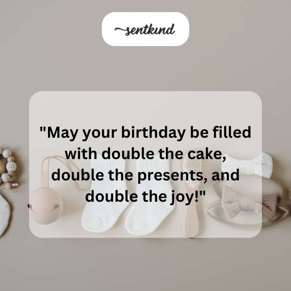A birthday cake decorated with double the candles and surrounded by presents.