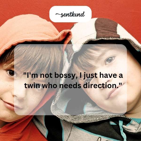 Identical twins, one pointing and the other looking puzzled.