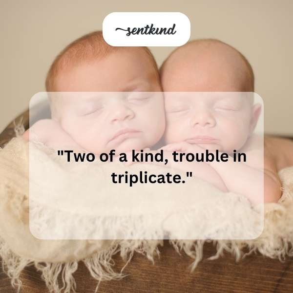 Three identical figures stand side-by-side, creating a sense of duplication and potential mischief.