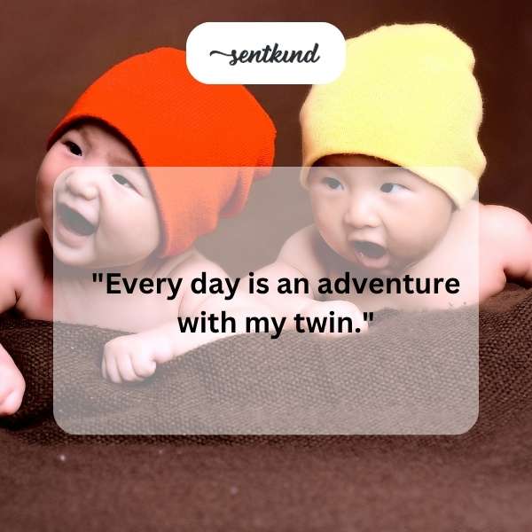 Two identical children are exploring a forest, holding hands and smiling.