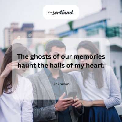 Ethereal figures, translucent and indistinct, drift through a long, decaying hallway in an old, empty mansion, representing the ghosts of lingering memories.