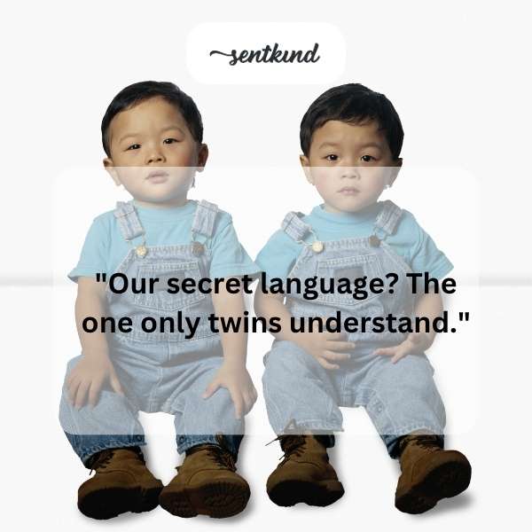 Two identical twins are smiling and whispering to each other.