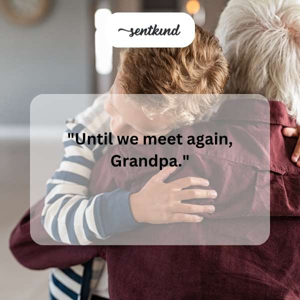 A child hugging an elderly man, both smiling.