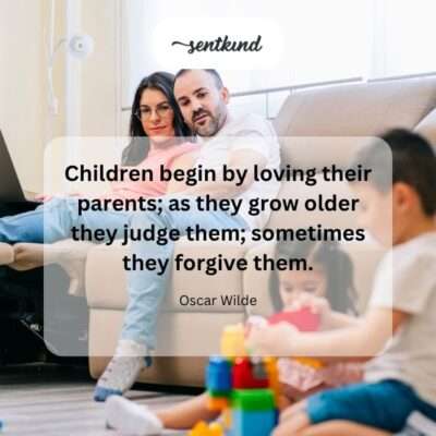 An image depicts three vignettes showing the progression of a parent-child relationship: a small child holding a parent's hand, a teenager looking away from a parent, and an adult child sharing a quiet moment with an older parent.