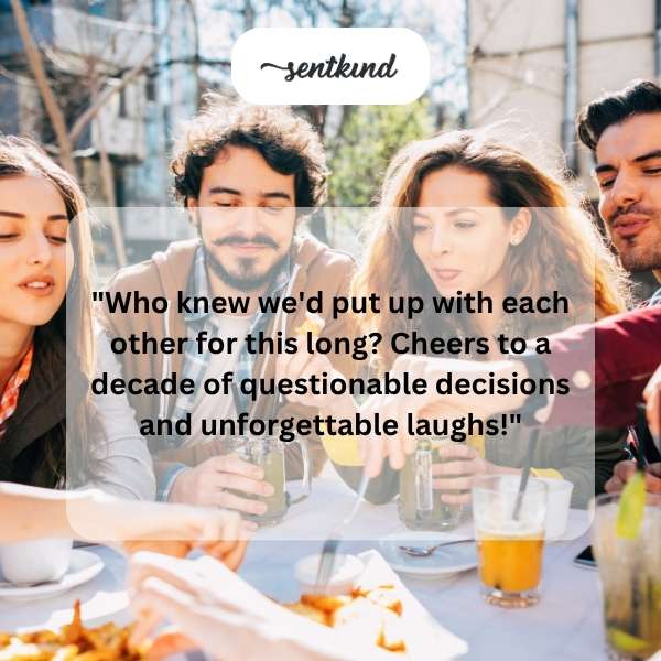 Two smiling friends are captured mid-laugh, holding up both hands to signify ten years together.