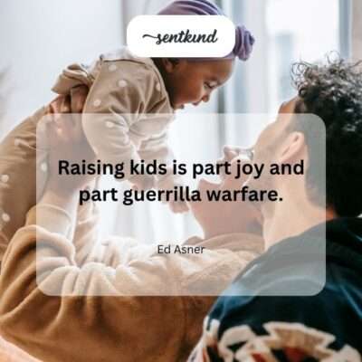 A smiling but exhausted parent sits on the floor surrounded by energetic children playing and scattered toys, depicting the chaotic joy of raising kids.