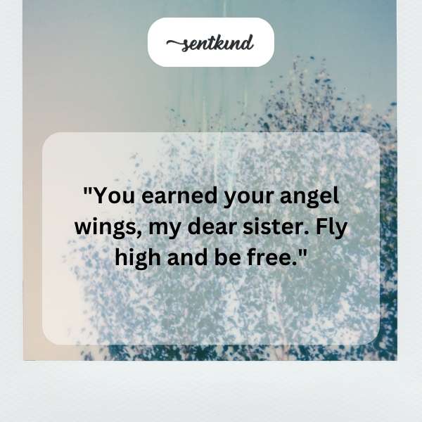 A serene image of a woman with angel wings soaring among clouds.