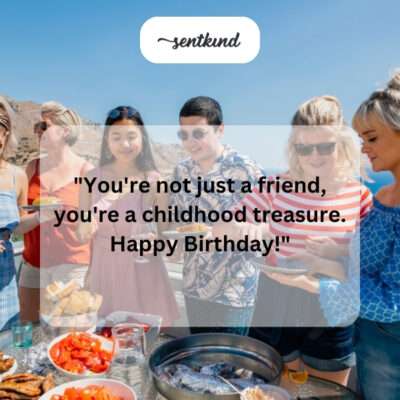 Two friends laughing while holding birthday cake and drinks, celebrating a special occasion.