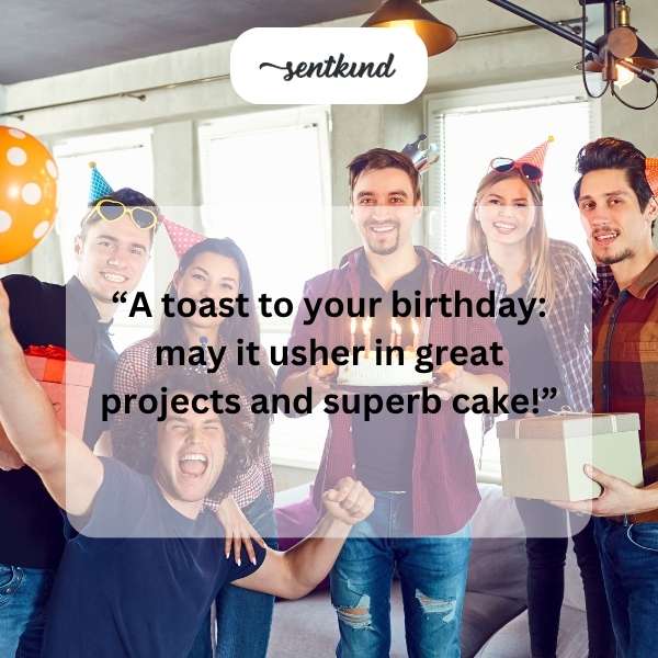 A group of colleagues celebrates their boss's birthday with cake and balloons.