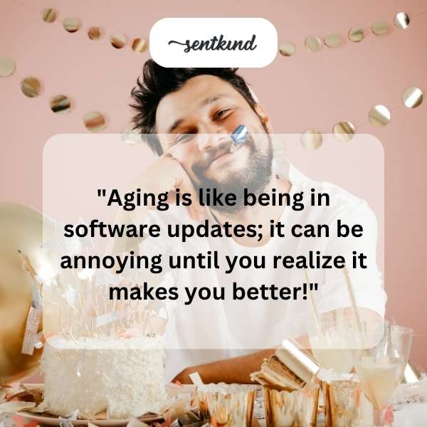A person happily celebrating their birthday with a cake and party decorations.