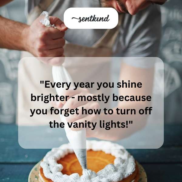 A birthday cake with candles and a banner that reads, 