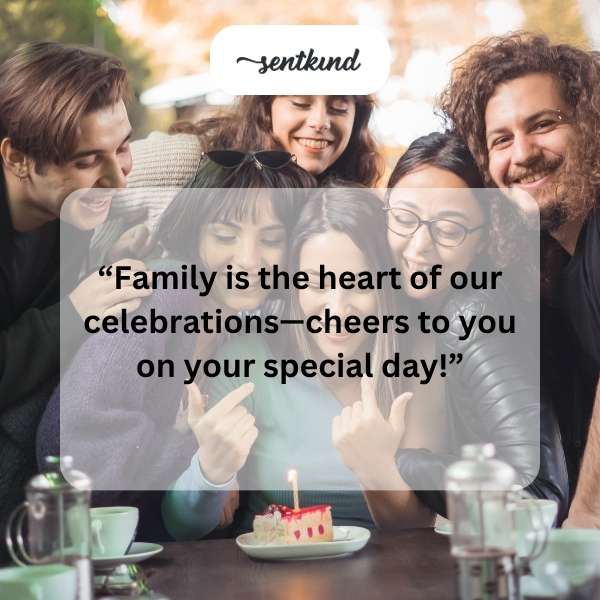 A group of people smiling around a cake at a family gathering.