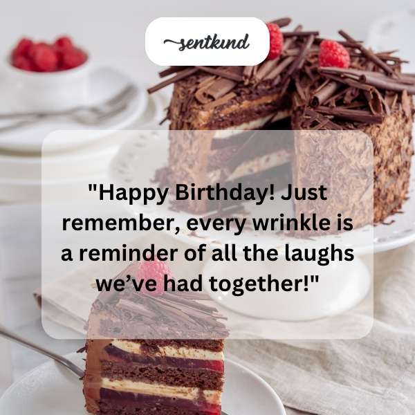 A birthday cake with candles and a humorous message.