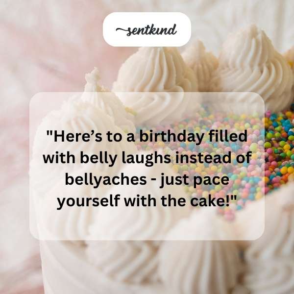 A festive birthday cake with candles surrounded by people eating and laughing.