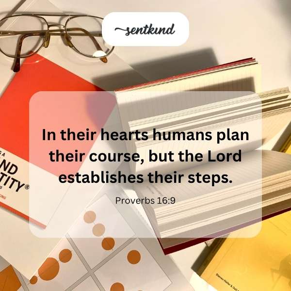 A winding path illustrates the proverb about human plans versus divine guidance.