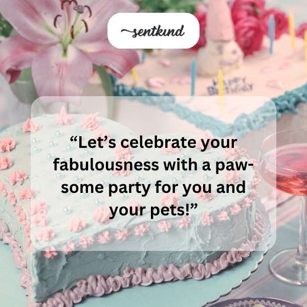 A person is happily holding a birthday cake away from their eager pets.