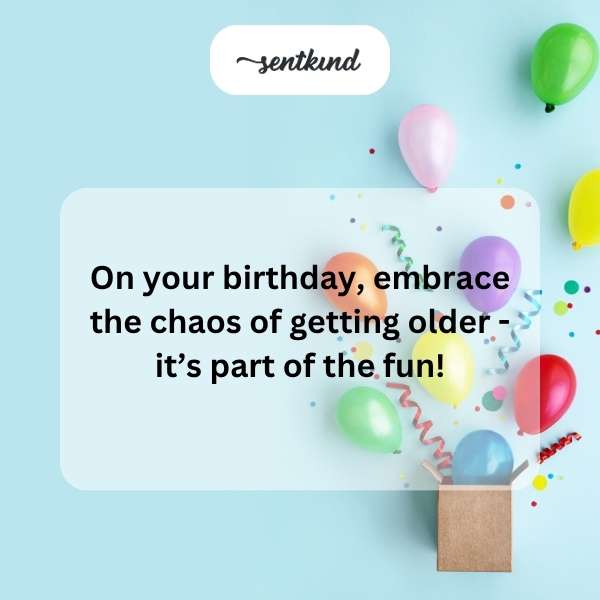 A person playfully sticking their tongue out while surrounded by birthday decorations.