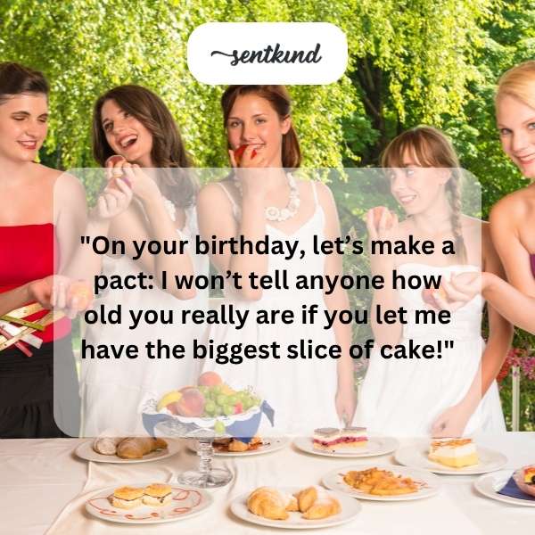 A birthday cake is shown with a large slice being offered.