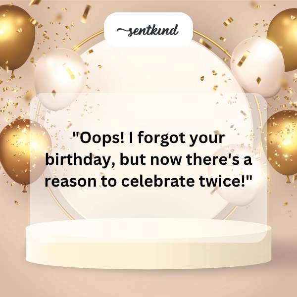 A belated birthday card decorated with colorful balloons and confetti.