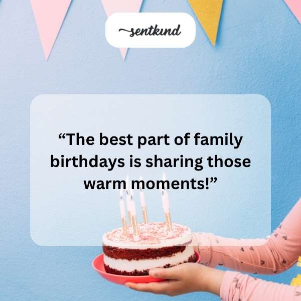 A family is gathered around a birthday cake, smiling and laughing.