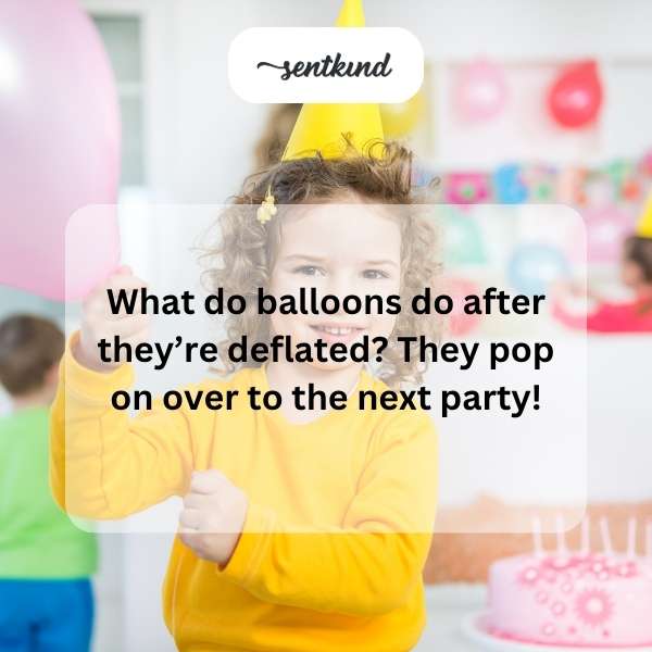 Deflated balloons floating towards a colorful party.