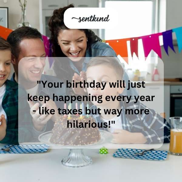 A person looking surprised and amused at a birthday cake with lit candles.