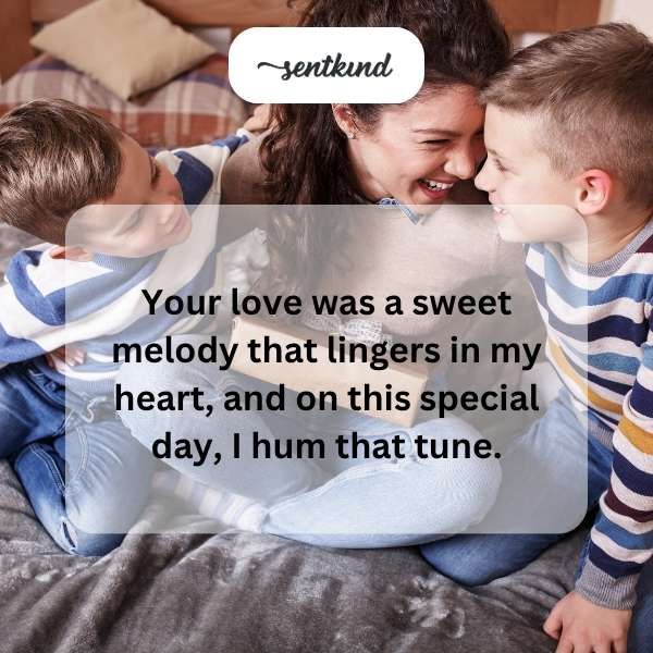 A loving mother embraces her child, both smiling warmly.